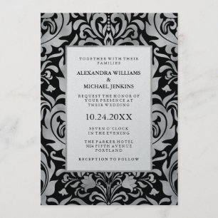Invitación Glam Elegant Luxe Silver Damask sobre el Boda negr