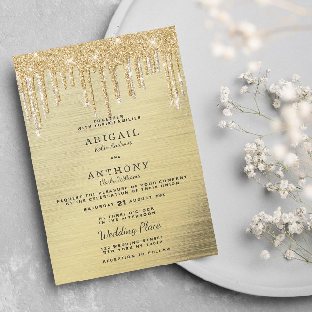 Invitación Glam elegante purpurina de oro gotea boda blanco (Glam elegant gold glitter drips white wedding)