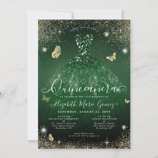Invitación Glam Emerald Green Gold Purpurina Gown Quinceanera (Anverso)