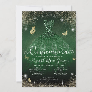 Invitación Glam Emerald Green Gold Purpurina Gown Quinceanera
