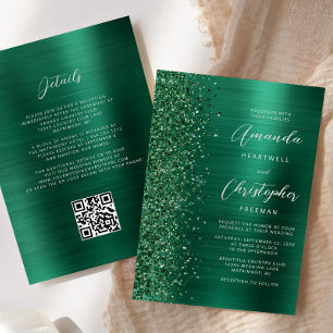 Invitación Glam Esmeralda Verde Código QR de Boda Metal Bruñi