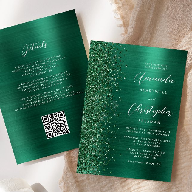 Invitación Glam Esmeralda Verde Código QR de Boda Metal Bruñi (Subido por el creador)