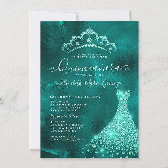Invitación Glam Esmeralda Verde Diamante Tiara Vestido Quince (Anverso)