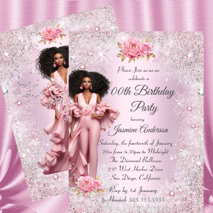 Invitación Glam Étnico Cumpleaños Rosa Plateado Invierno Mara