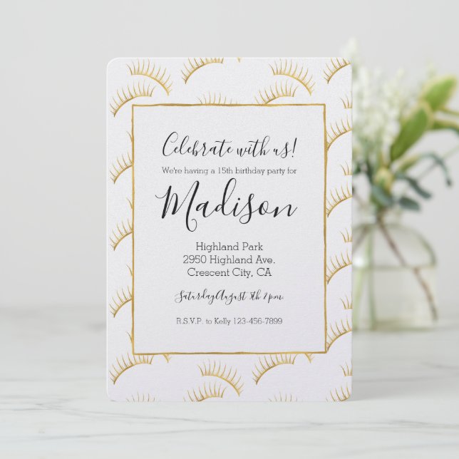 Invitación Glam Eyelashes dorados (Anverso de pie)