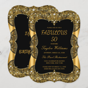 Invitación Glam Fabulous 50 Fiesta Black Lace Pearl Gold