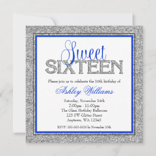 Invitación Glam Faux Brillo Azul Plata Cumpleaños 16