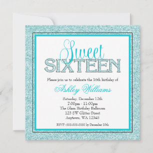 Invitación Glam Faux Brillo Azul Turquesa Cumpleaños 16