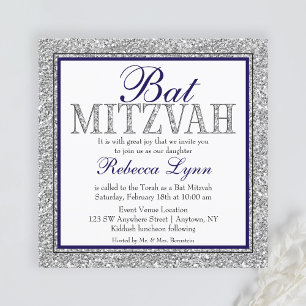 Invitación Glam Faux Brillo Plata Azul Marino Bat Mitzvah