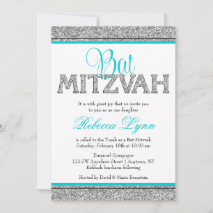 Invitación Glam Faux Brillo Plata Azul Turquesa Bat Mitzvah