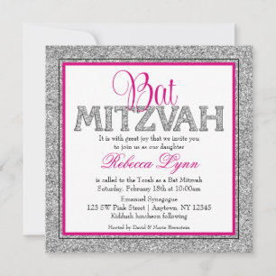 Invitación Glam Faux Brillo Plata Rosa Bat Mitzvah