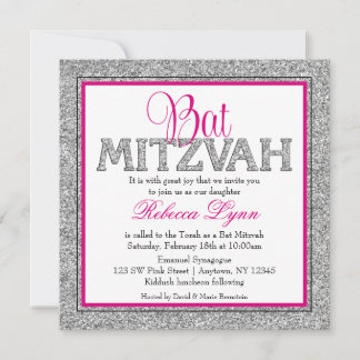 Invitación Glam Faux Brillo Plata Rosa Bat Mitzvah