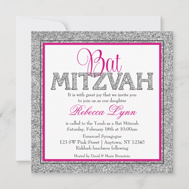 Invitación Glam Faux Brillo Plata Rosa Bat Mitzvah (Anverso)
