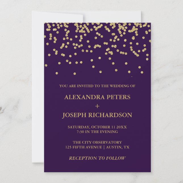 Invitación Glam Faux Gold Confetti y Deep Purple Boda (Anverso)