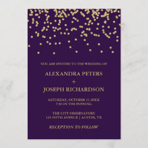 Invitación Glam Faux Gold Confetti y Deep Purple Boda