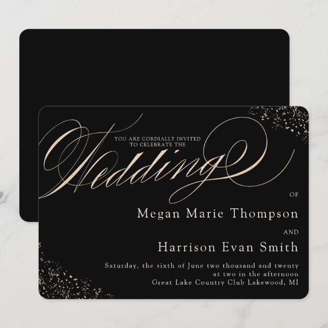 Invitación Glam Faux Gold Speckle Caligraphy Boda de guiones (Anverso / Reverso)