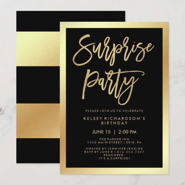 Invitación Glam Faux Gold Typography y Black Surprise Fiesta (Anverso / Reverso)