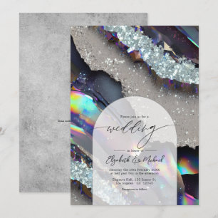 Invitación Glam Faux Holographic Agate Geode Boda QR Code