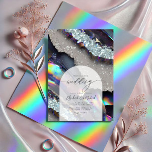 Invitación Glam Faux Holographic Agate Geode Boda QR Code