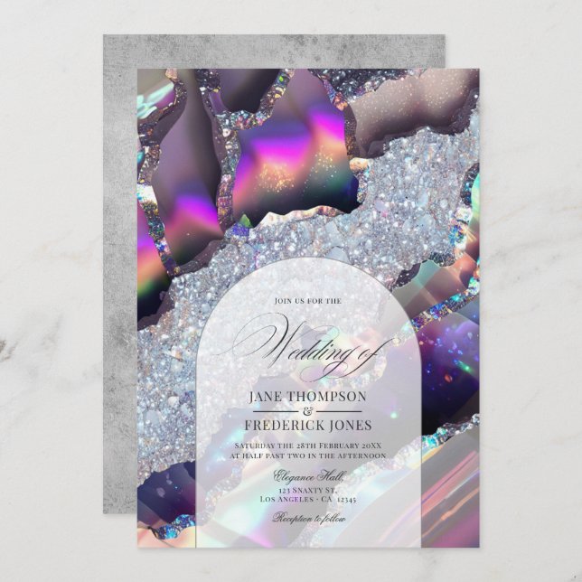 Invitación Glam Faux Holographic Agate Marble Geode Boda (Anverso / Reverso)