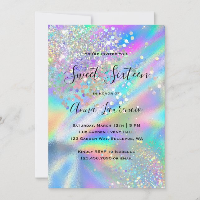 Invitación Glam Faux Holographic Purpurina Sweet 16 Cumpleaño (Anverso)