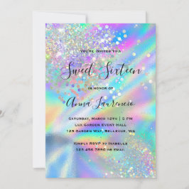 Invitación Glam Faux Holographic Purpurina Sweet 16 Cumpleaño
