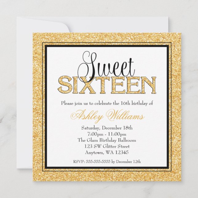Invitación Glam Faux Purpurina Gold Black Sweet 16 (Anverso)