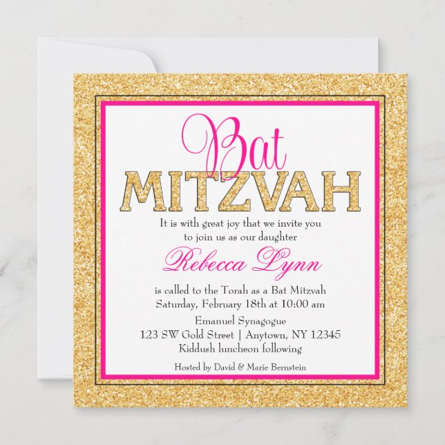 Invitación Glam Faux Purpurina Gold Pink Bat Mitzvah (Anverso)