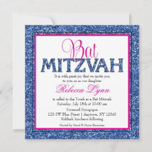 Invitación Glam Faux Purpurina Navy Blue Pink Bat Mitzvah
