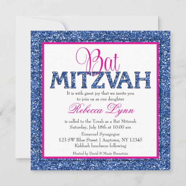 Invitación Glam Faux Purpurina Navy Blue Pink Bat Mitzvah (Anverso)
