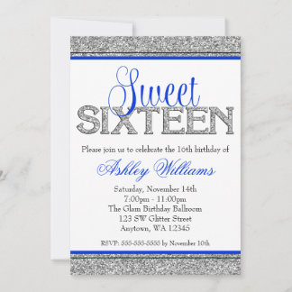 Invitación Glam Faux Purpurina Plata Blue Sweet 16