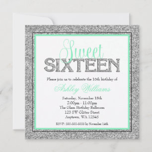 Invitación Glam Faux Purpurina Plata Mint Seafoam Sweet 16