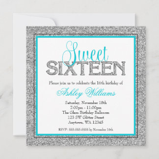 Invitación Glam Faux Purpurina Plata Verde azulado Blue Sweet
