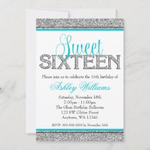 Invitación Glam Faux Purpurina Plata Verde azulado Blue Sweet