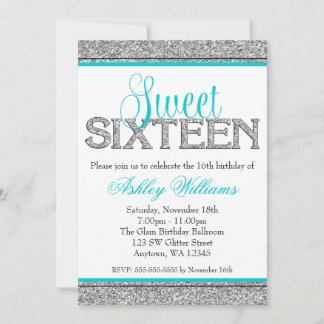 Invitación Glam Faux Purpurina Plata Verde azulado Blue Sweet