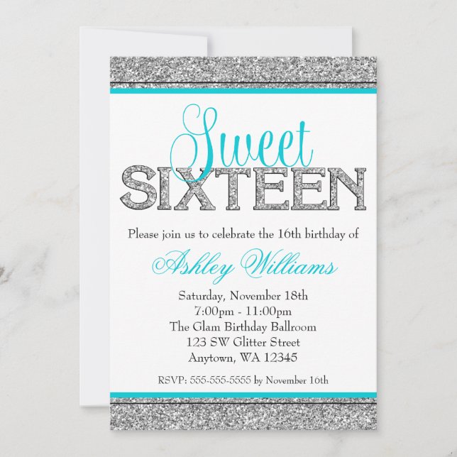Invitación Glam Faux Purpurina Plata Verde azulado Blue Sweet (Anverso)