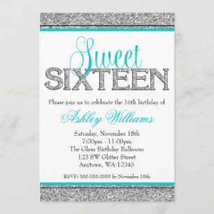 Invitación Glam Faux Purpurina Plata Verde azulado Blue Sweet