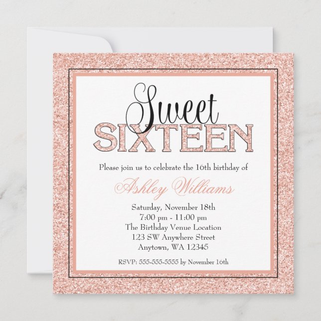 Invitación Glam Faux Purpurina Rosa Gold Sweet 16 invitacione (Anverso)
