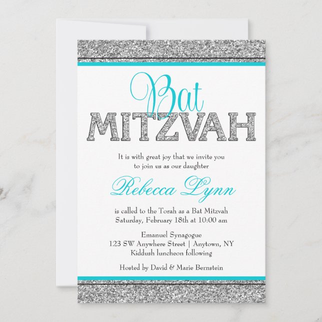 Invitación Glam Faux Purpurina Silver Bat azul Verde azulado  (Anverso)
