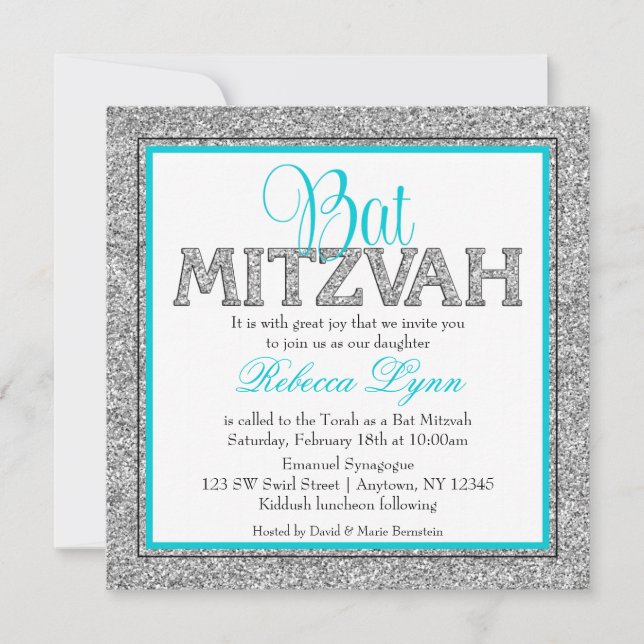 Invitación Glam Faux Purpurina Silver Bat azul Verde azulado  (Anverso)