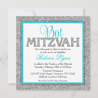 Invitación Glam Faux Purpurina Silver Bat azul Verde azulado