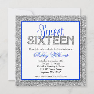 Invitación Glam Faux Purpurina Silver Blue Sweet 16