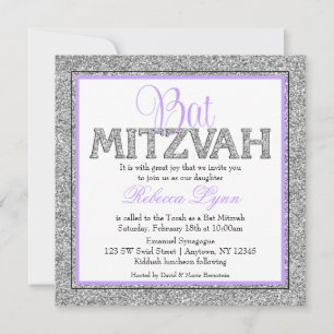 Invitación Glam Faux Purpurina Silver Lavender Bat Mitzvah