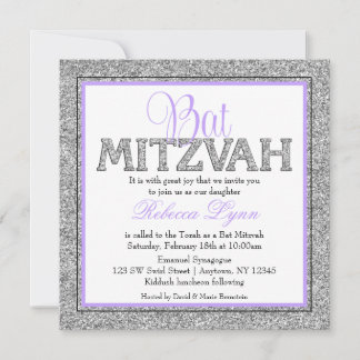 Invitación Glam Faux Purpurina Silver Lavender Bat Mitzvah