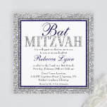 Invitación Glam Faux Purpurina Silver Nave Blue Bat Mitzvah<br><div class="desc">Una invitación moderna azul marino y plata a Bat Mitzvah. El diseño presenta un diseño falso de purpurina plateado con acentos de azul marino y negro. Los diseños son gráficos planos impresos - NO PURPURINA REAL.</div>