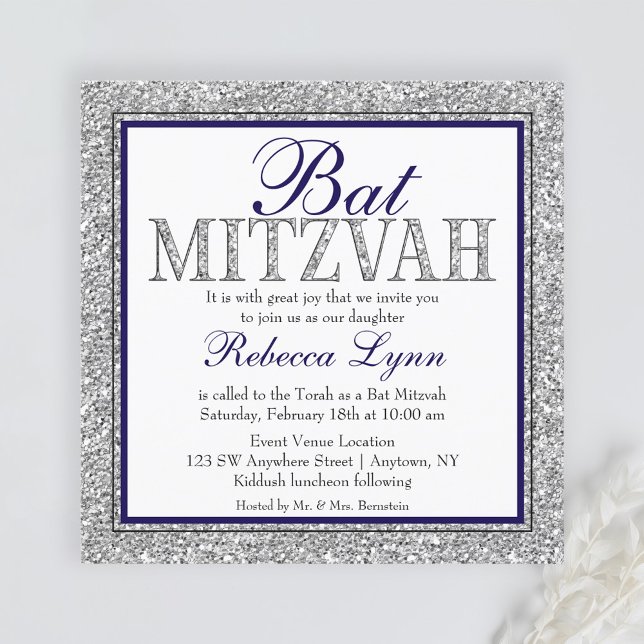 Invitación Glam Faux Purpurina Silver Nave Blue Bat Mitzvah (Subido por el creador)