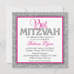 Invitación Glam Faux Purpurina Silver Pink Bat Mitzvah<br><div class="desc">Una moderna invitación al partido Bat Mitzvah. Con un diseño purpurina de plata falso con acentos de rosa y negro. Los diseños son gráficos planos impresos - NO PURPURINA REAL.</div>