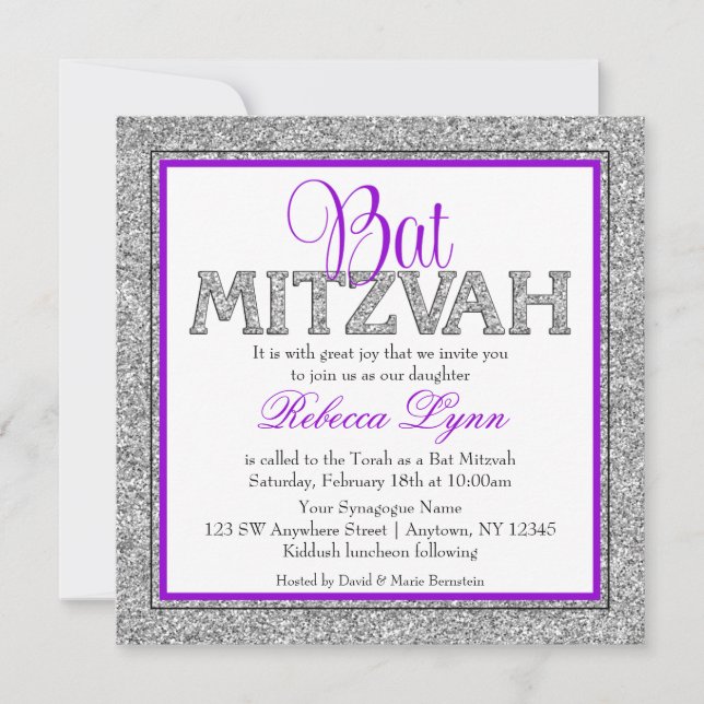 Invitación Glam Faux Purpurina Silver Purple Bat Mitzvah (Anverso)