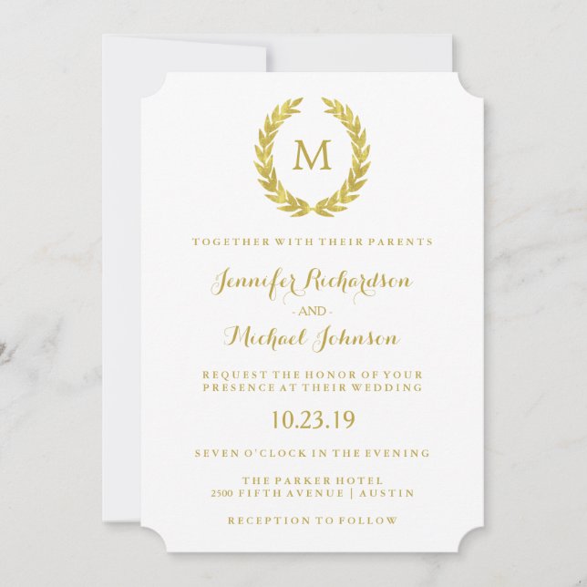 Invitación Glam Faux Relieve metalizado dorado Laurel Wreath  (Anverso)