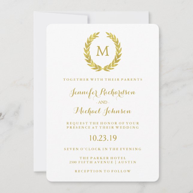 Invitación Glam Faux Relieve metalizado dorado Laurel Wreath  (Anverso)